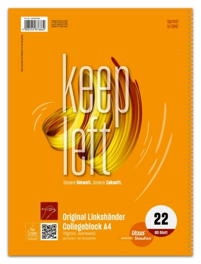 Collegeblock LIN22 für Linkshänder, A4, 80 Blatt, 70g/m², kariert
