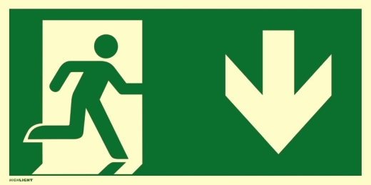 Notausgang rechts Pfeil unten, ISO 7010, Kunststoff, nachl., 160-mcd, 400x200 mm