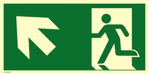 Notausgang links aufwärts, ISO 7010, Kunststoff, nachleucht.,160-mcd, 297x148 mm