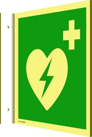 Fahnenschild Automat. externer Defibrillator,Kunststoff,nachl.,160-mcd,148x148mm