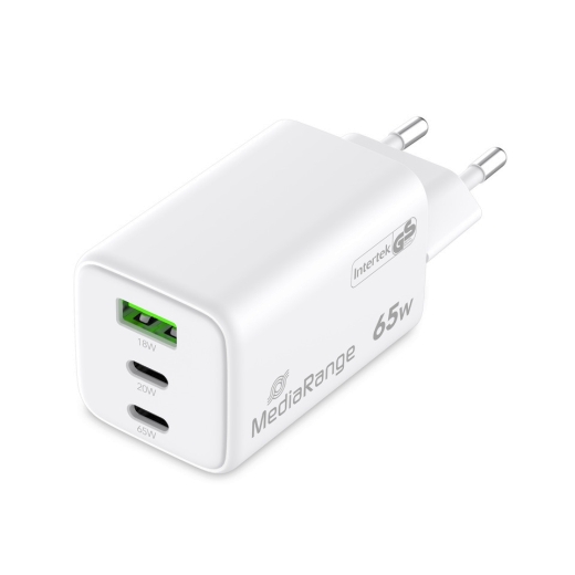 Ladegerät, USB-A/2x USB-C, GaN, 65W, weiß