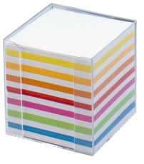 Notizbox glasklar - 9,5x9,5x9,5cm, Papier: weiß / bunt, ca. 700 Blatt