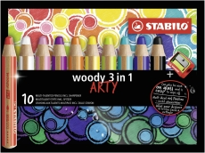 Buntstift, Wasserfarbe & Wachsmalkreide - woody 3 in 1 - ARTY - 10er Pack mit Spitzer, sortiert