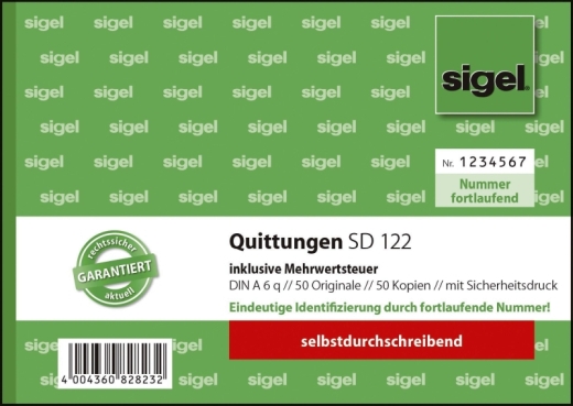 Quittung inkl. MwSt. mit Sicherheitsdruck - A6 quer, SD, 2 x 50 Blatt