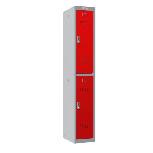 Garderobenschrank, Elektronikschloss, 2 Fächer, Stahl, grau/rot
