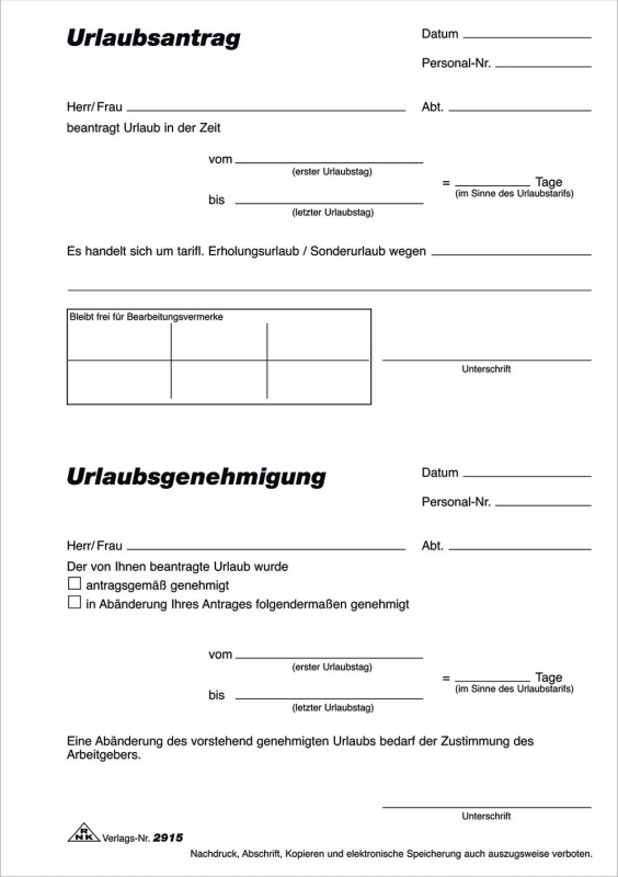 Vordrucke und Formulare Urlaubsantrag für Tarif und Sonderurlaub