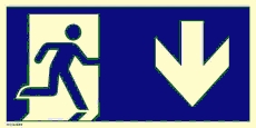 Notausgang rechts Pfeil unten, ISO 7010, Folie, nachleucht., 160-mcd, 297x148 mm