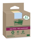 Haftnotiz Super Sticky 100% Recycling Notes - 76 x 76 mm, sortiert, 3+1x 70 Blatt