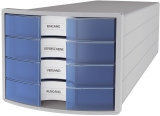 Schubladenbox IMPULS - A4/C4, 4 geschlossene Schubladen, lichtgrau/transluzent-blau