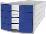 Schubladenbox IMPULS - A4/C4, 4 geschlossene Schubladen, lichtgrau/blau