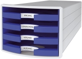 Schubladenbox IMPULS - A4/C4, 4 offene Schubladen, lichtgrau/blau