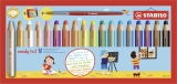 Buntstift, Wasserfarbe & Wachsmalkreide - woody 3 in 1 - 18er Pack mit Spitzer und Pinsel - mit 18 verschiedenen Farben